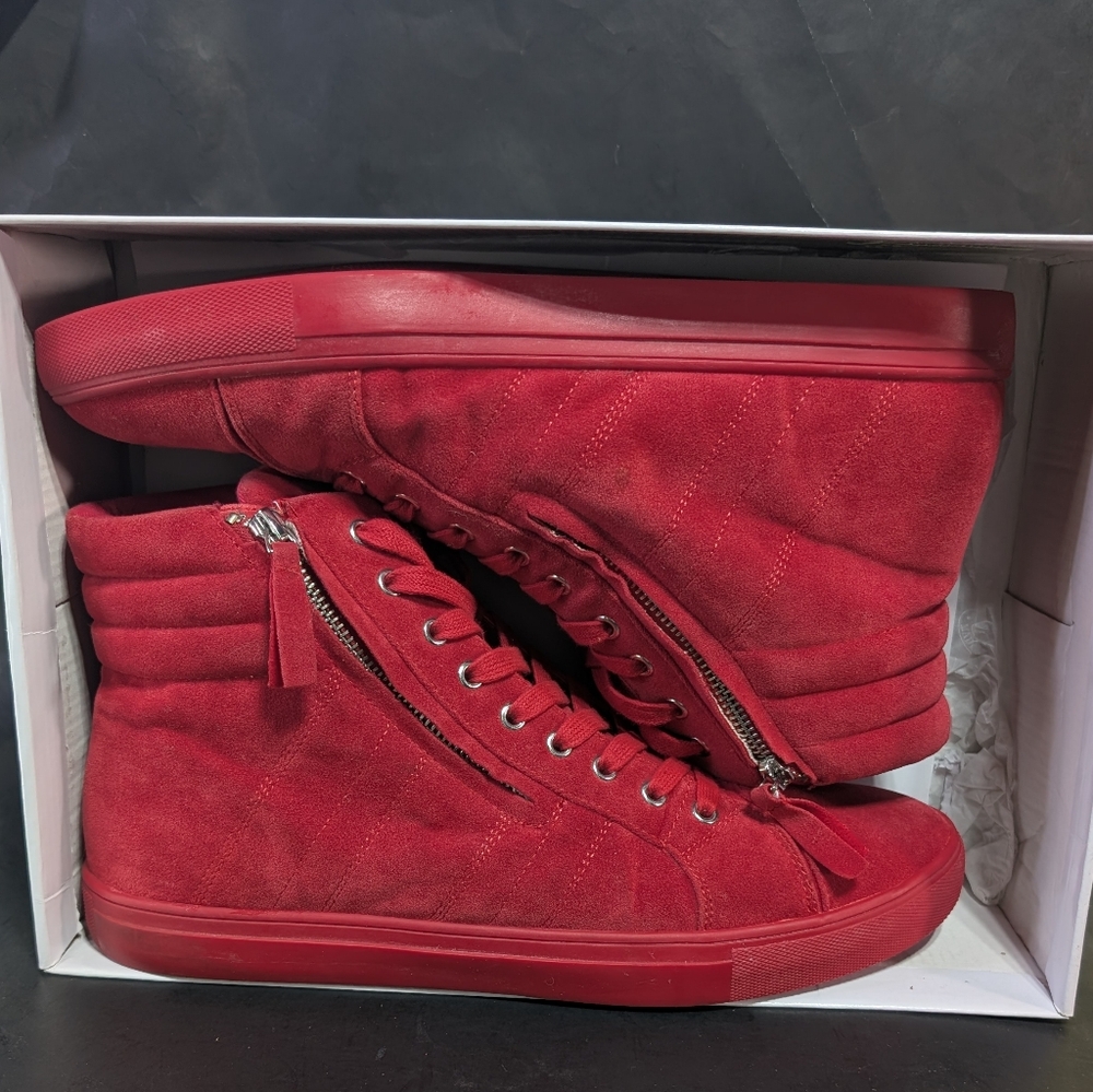 Steve Madden BARKLEY Red Mens Sz 12 Leather Textile Lace Up High Top Sneaker